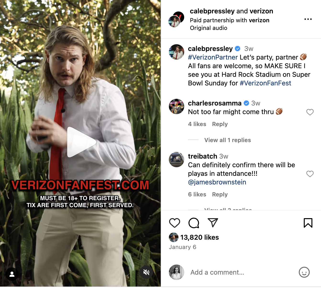 An Instagram Reel from a Verizon partner supporting their Super Bowl Fest event