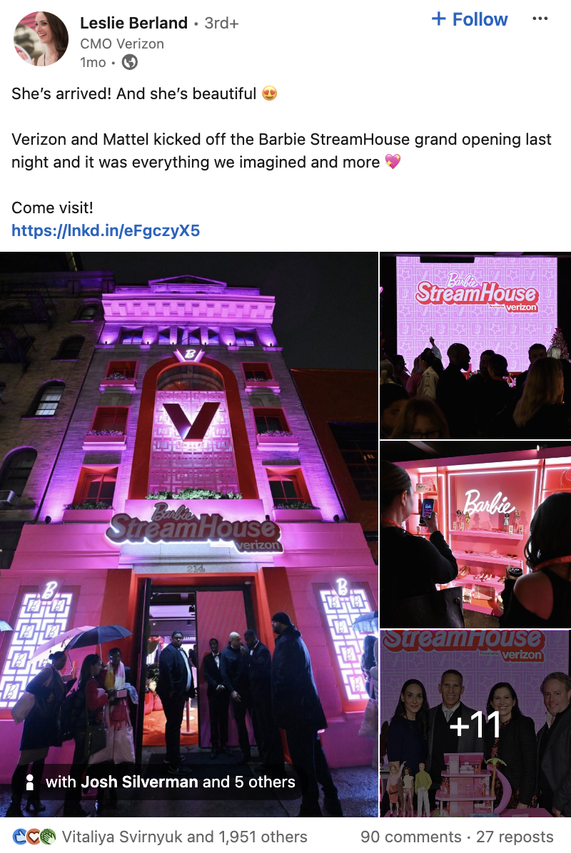 A LinkedIn post from Leslie Berland about Verizon's Barbie's Stream House