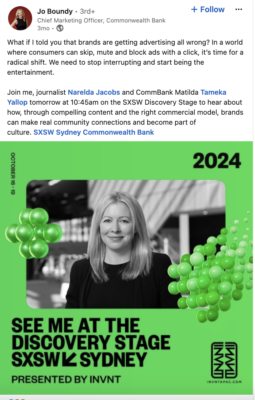 A LinkedIn post from Jo Boundy discussing her keynote at SXSW Sydney