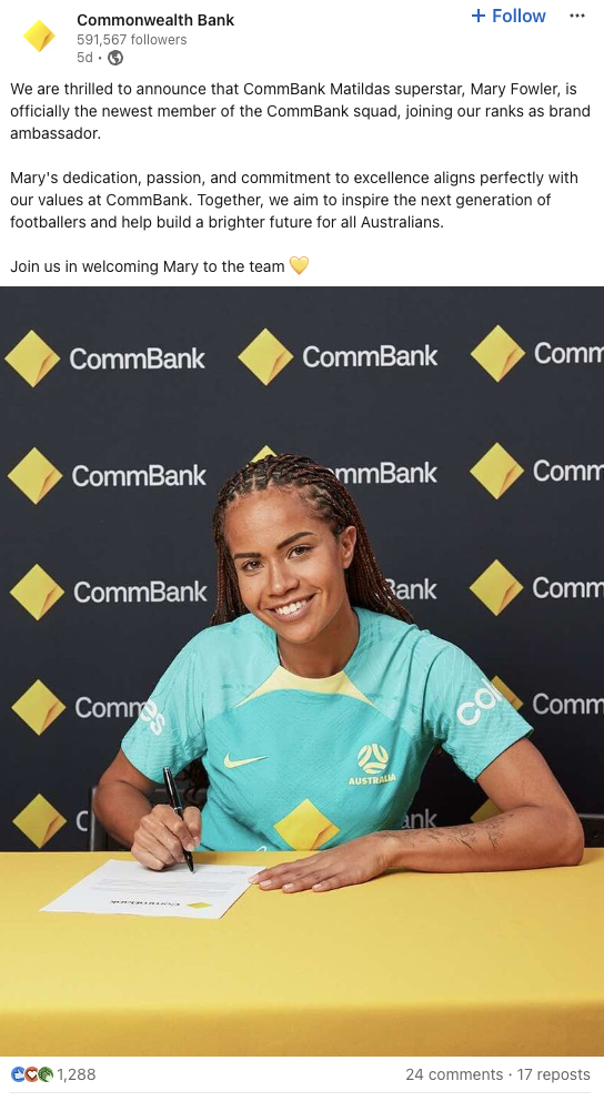 A LinkedIn post from Commonwealth Bank about their partnership with a Matildas athlete