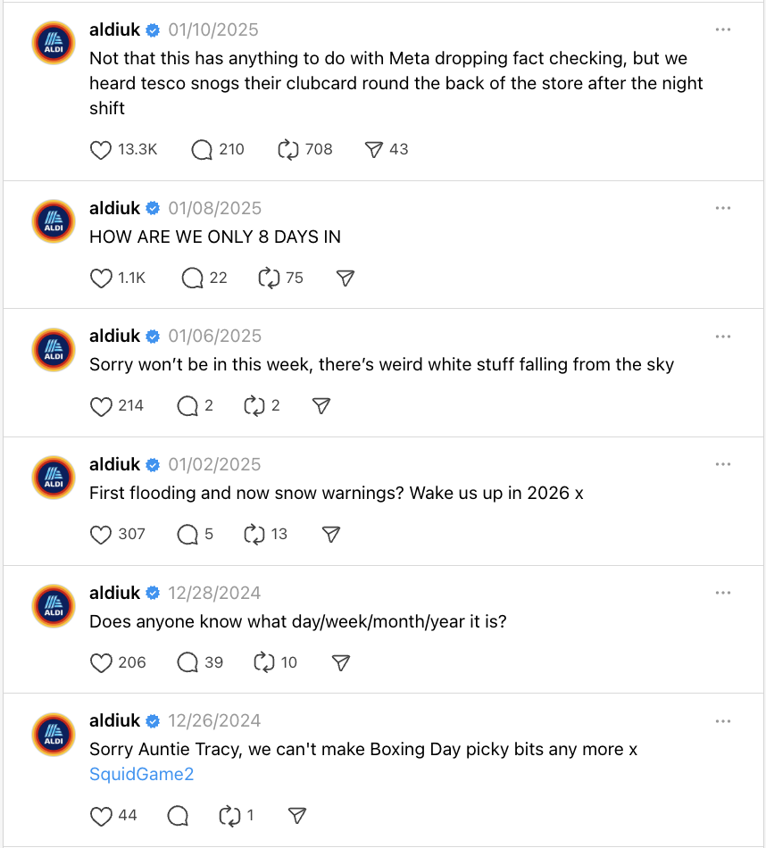 Aldi UK Threads posts demonstrating their unrestrained persona
