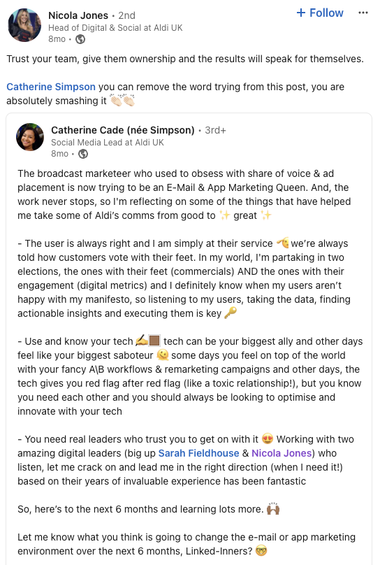 A LinkedIn post from Nicola Jones resharing her team member's insights on elevating Aldi's communications