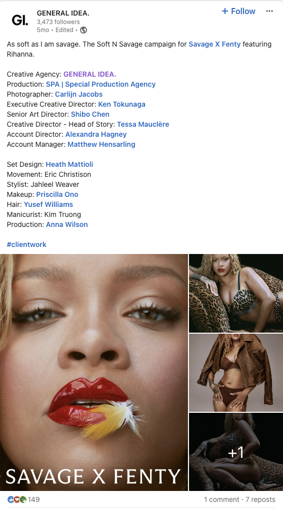 A LinkedIn post from General Idea about their collaboration with Savage x Fenty