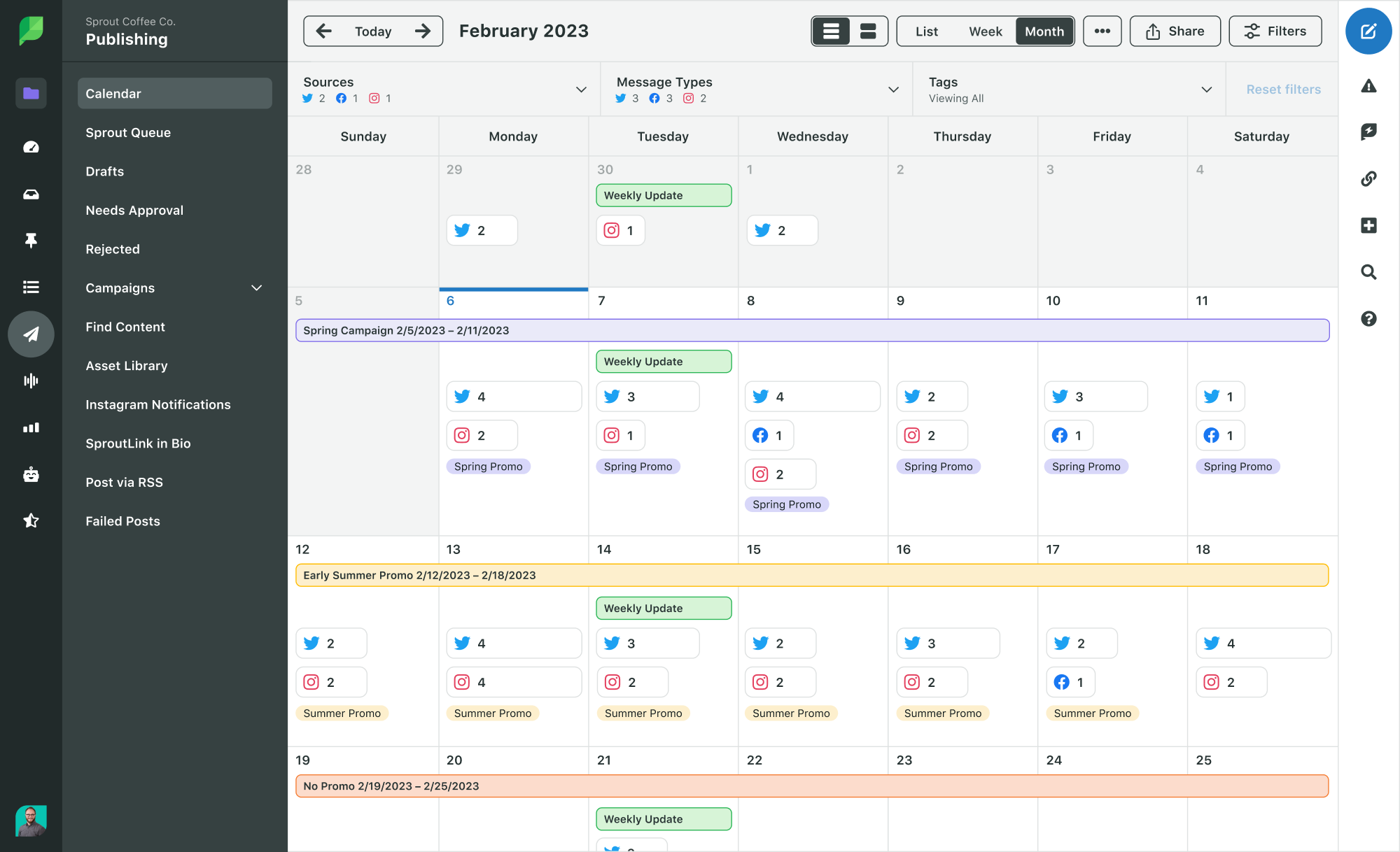Sprout Social publishing dashboard calendar view showing sample campaigns