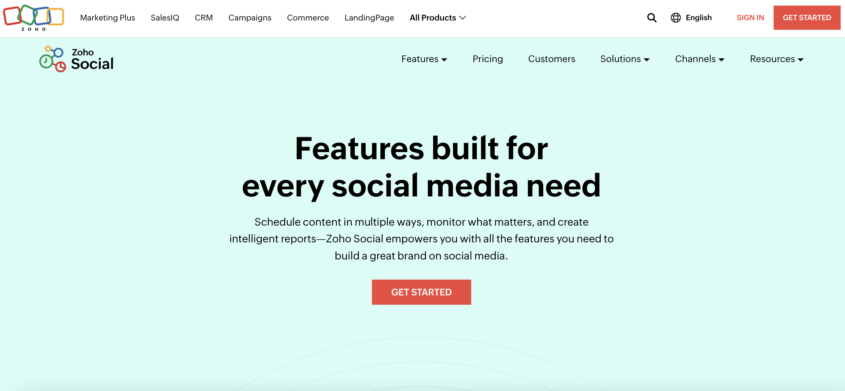 zoho social homepage with text that reads 