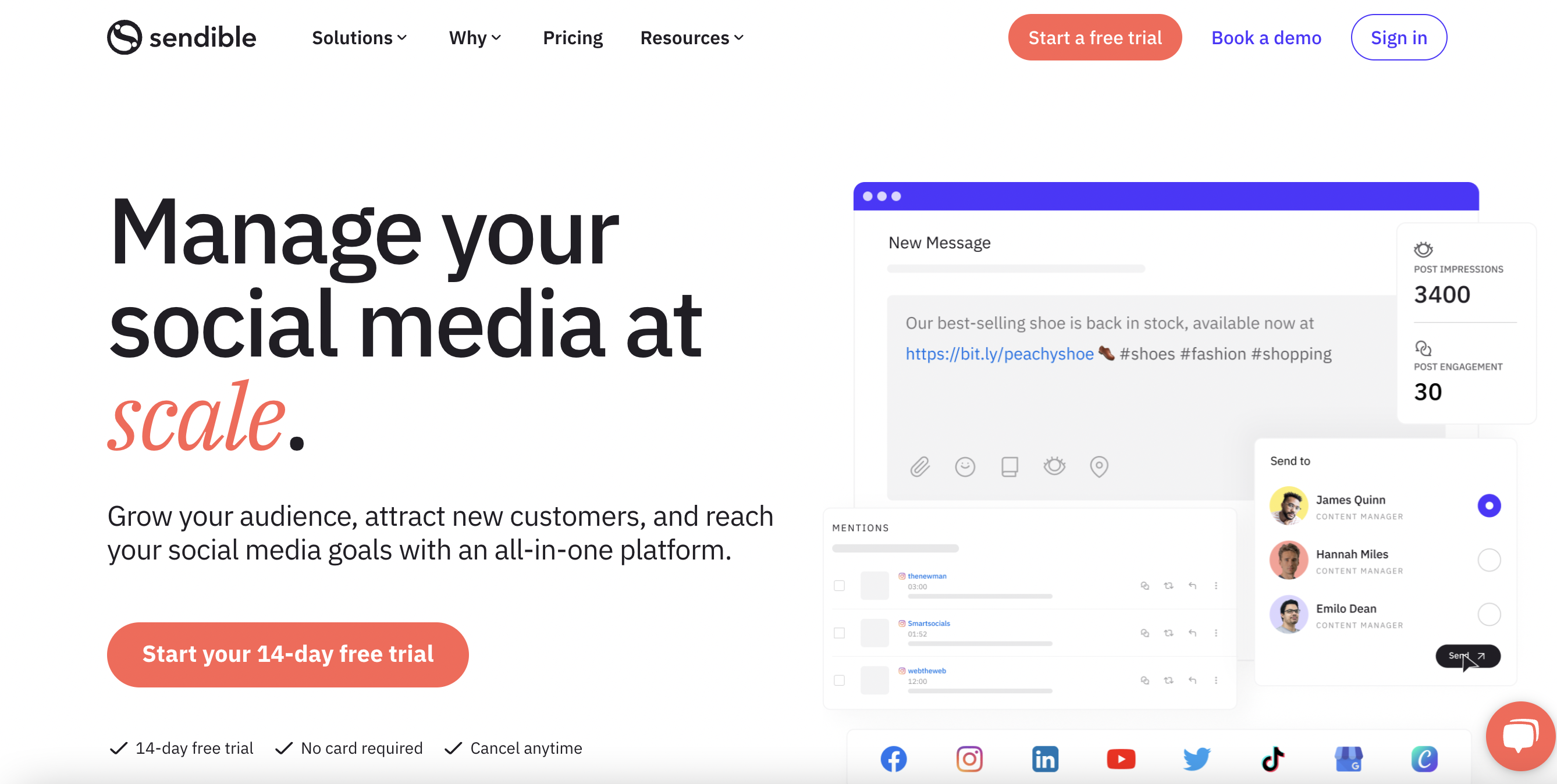 sendible homepage with a preview of the text compose window and text that reads 