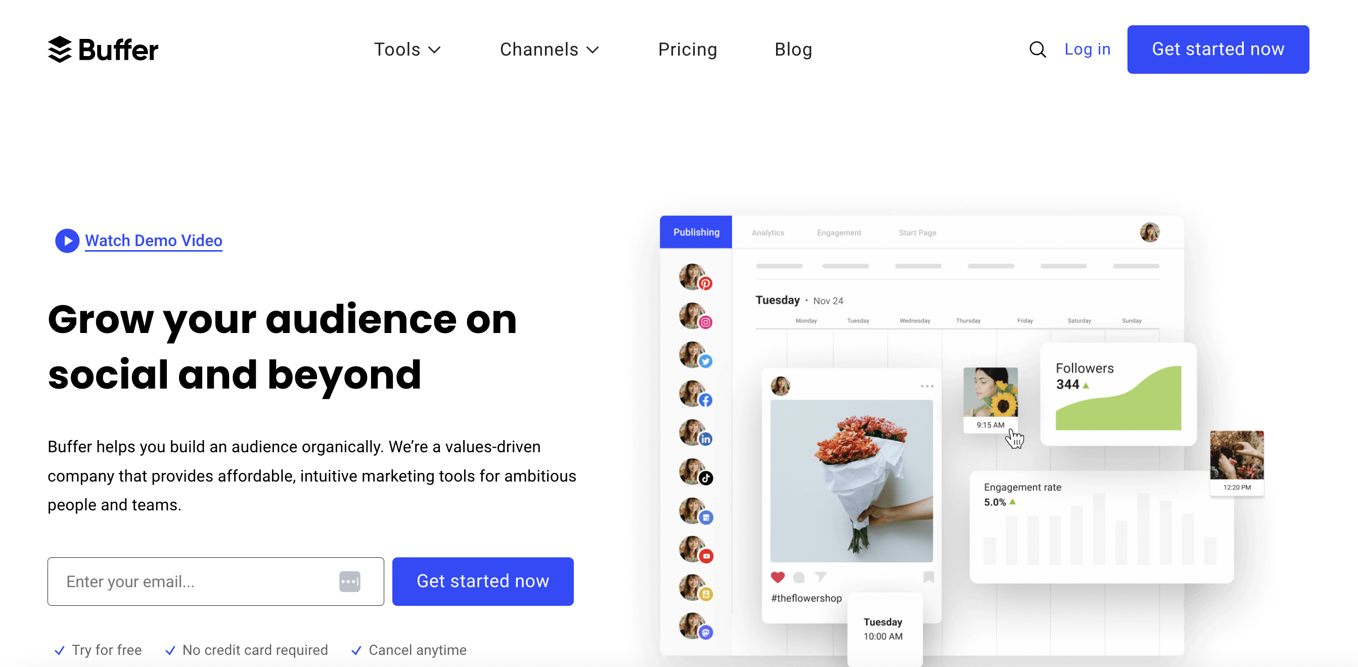 Buffer homepage with a preview of the dashboard and text that reads 
