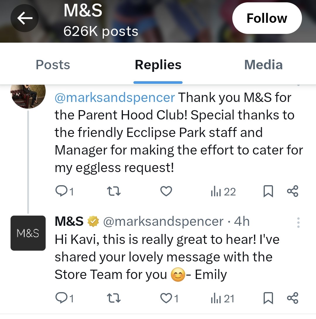 Marks and Spenser respond on X to positive feedback from customer.