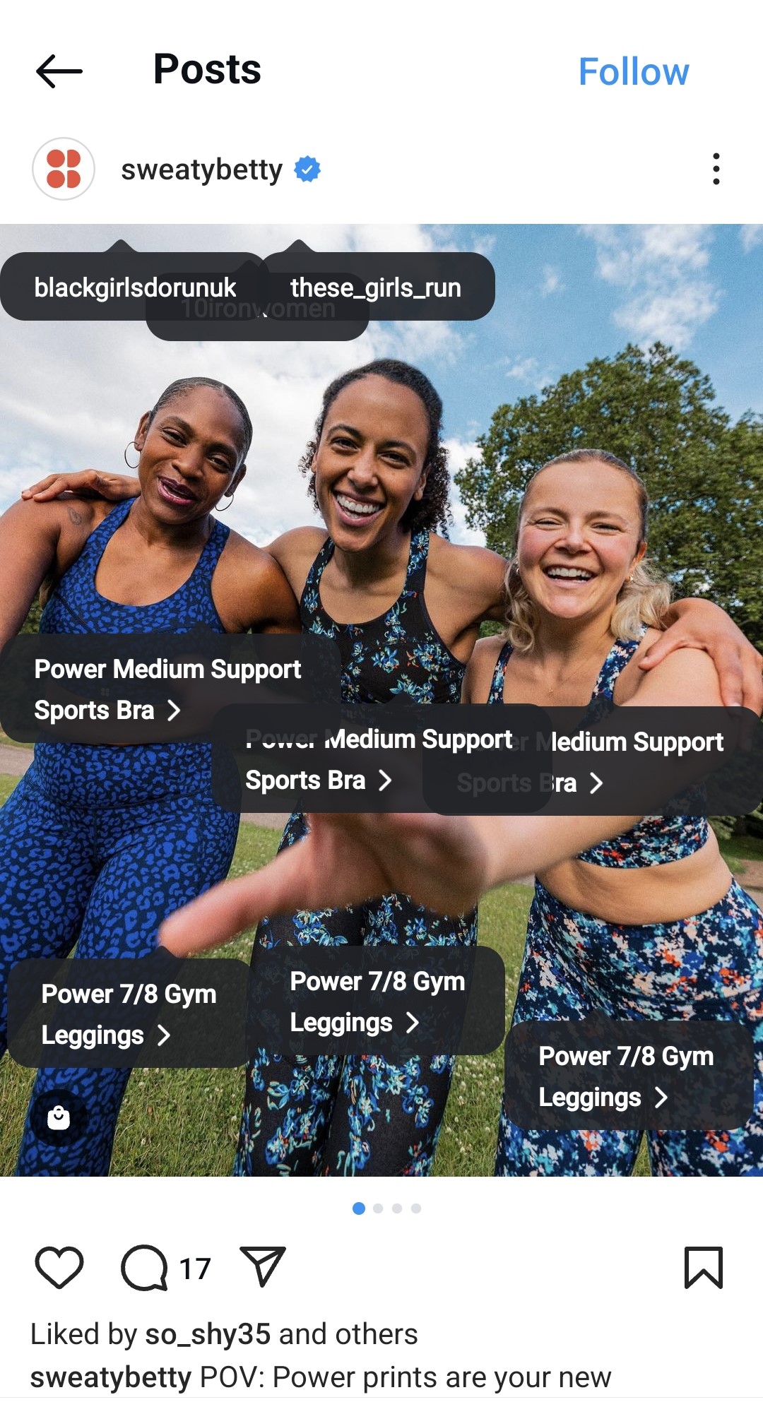 Sweaty Beaty Instagram post featuring three women in Sweaty Beaty clothing tagged for social selling.