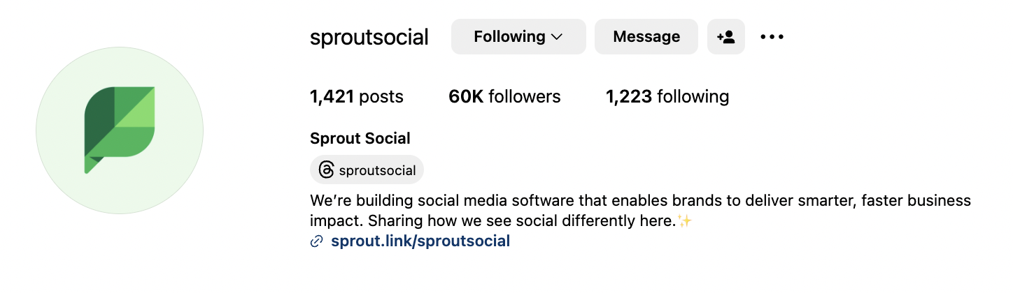 Instagram bio for Sprout Social with a description that reads 
