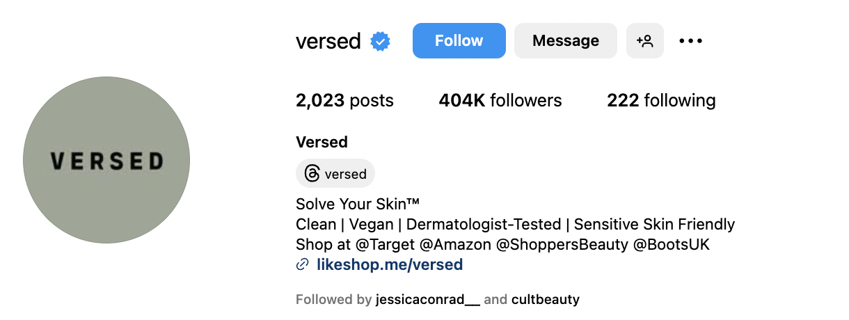 Instagram bio for Versed that reads 