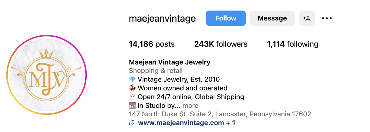 Instagram bio for Maejean Vintage Jewelry with copy that includes phrases like 
