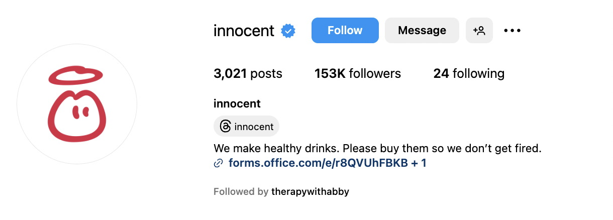 Innocent Instagram bio that reads 