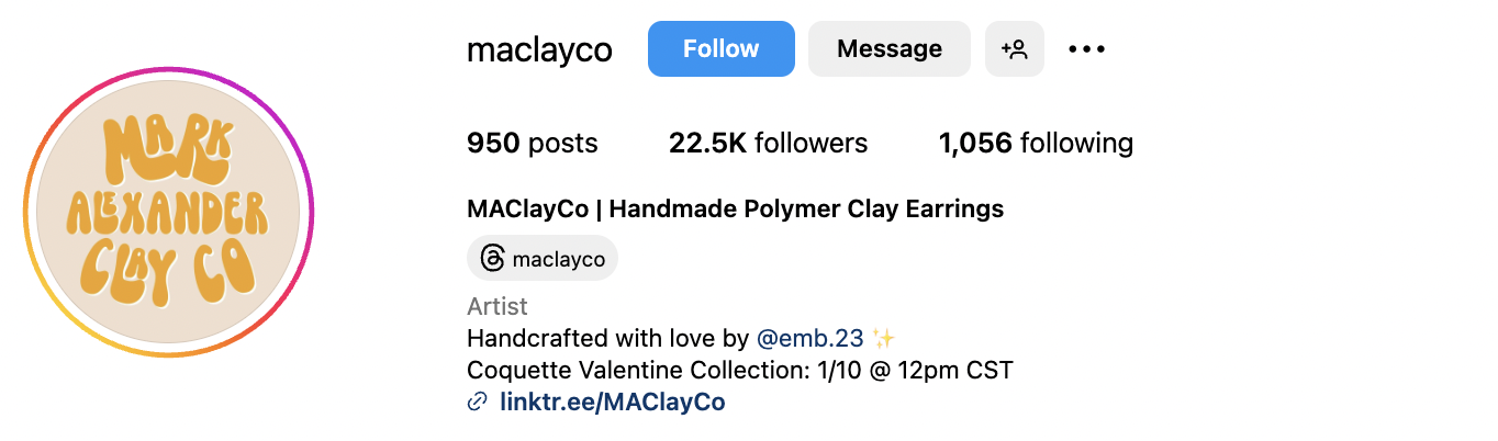 MAClayCo Instagram bio that reads 