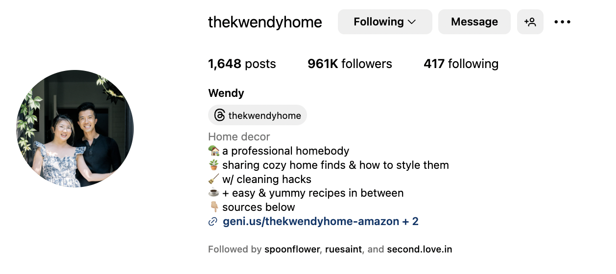Instagram bio for thekwendyhome that reads 