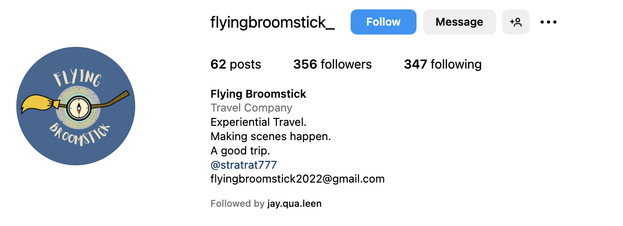 Instagram bio for Flying Broomstick that reads 