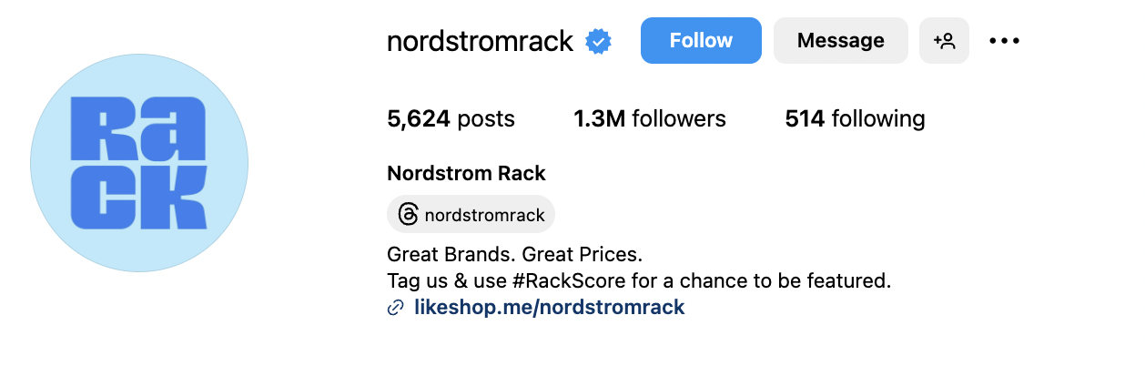 Nordstrom Rack Instagram bio that reads 