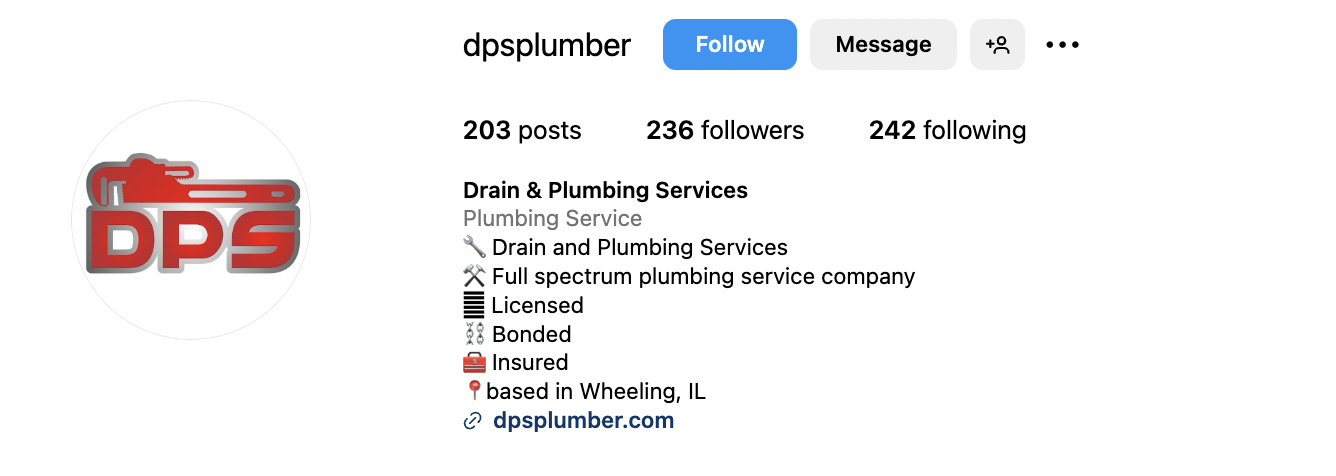 DPS Plumber Instagram bio that reads 