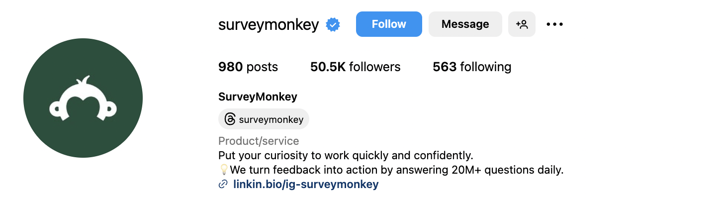 Survey Monkey Instagram bio that reads 