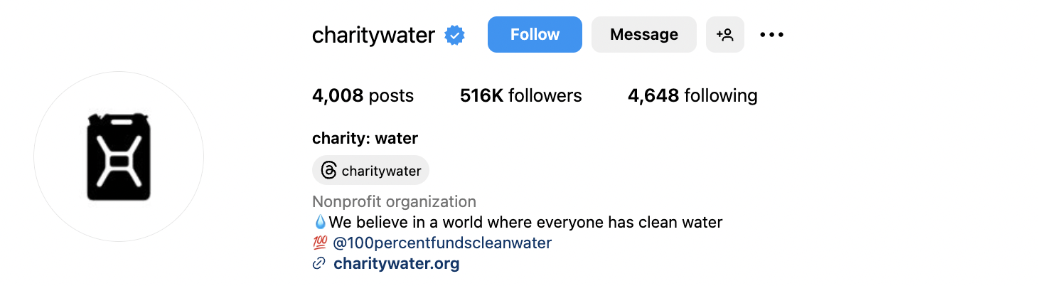 Charity Water Instagram bio that reads 
