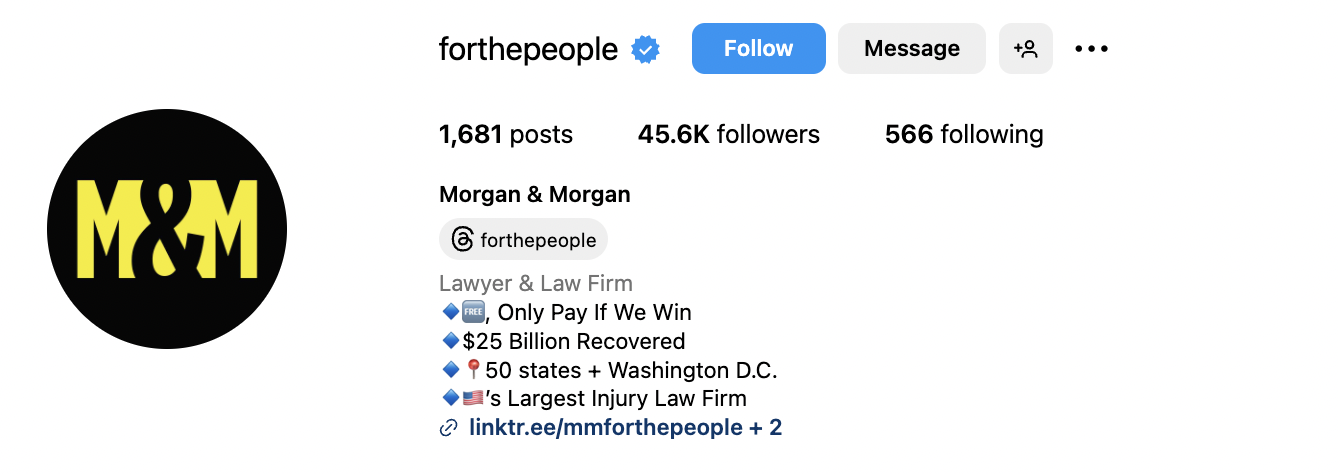 Morgan and Morgan Instagram bio that reads 