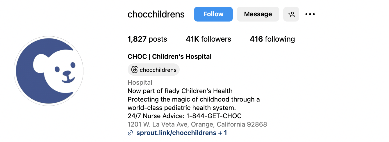 CHOC Children's Hospital Instagram bio that reads 