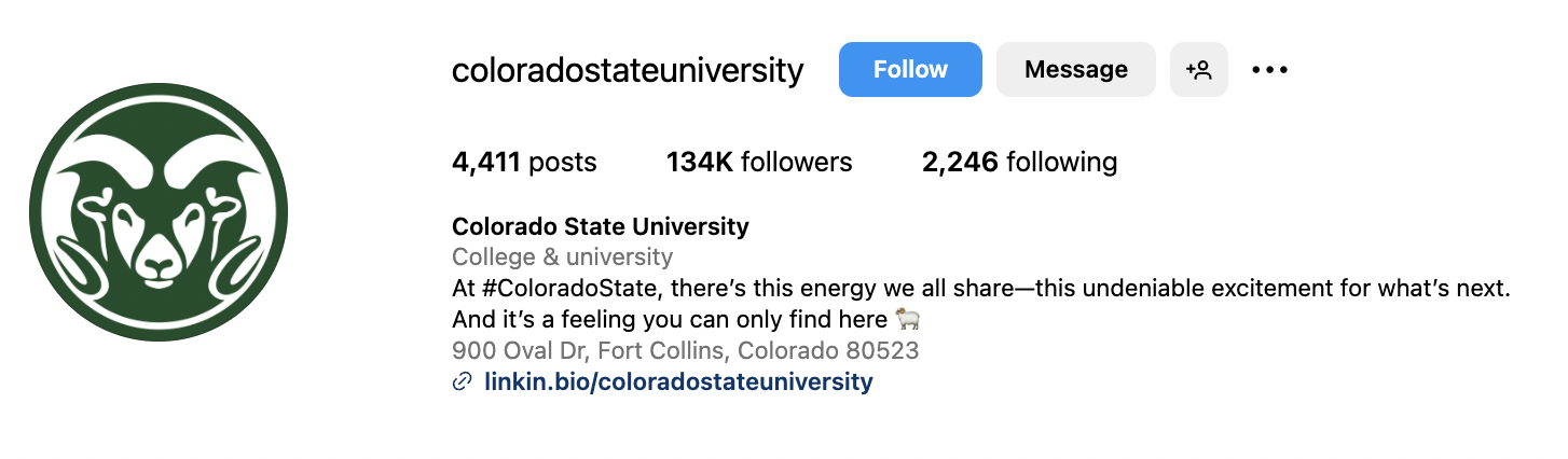 Colorado State University Instagram bio that reads 