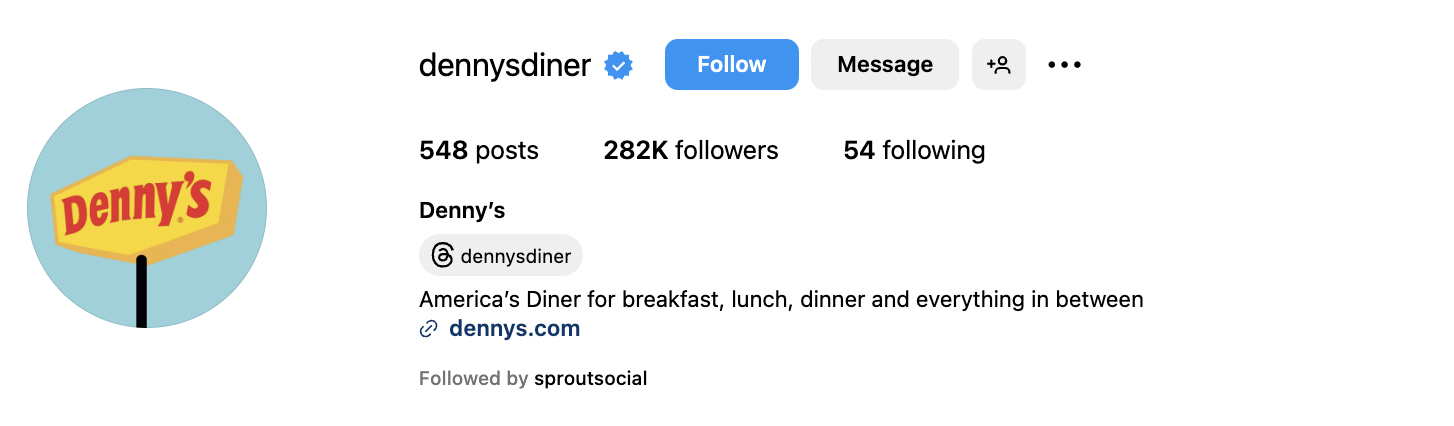 Denny's Diner Instagram bio that reads 