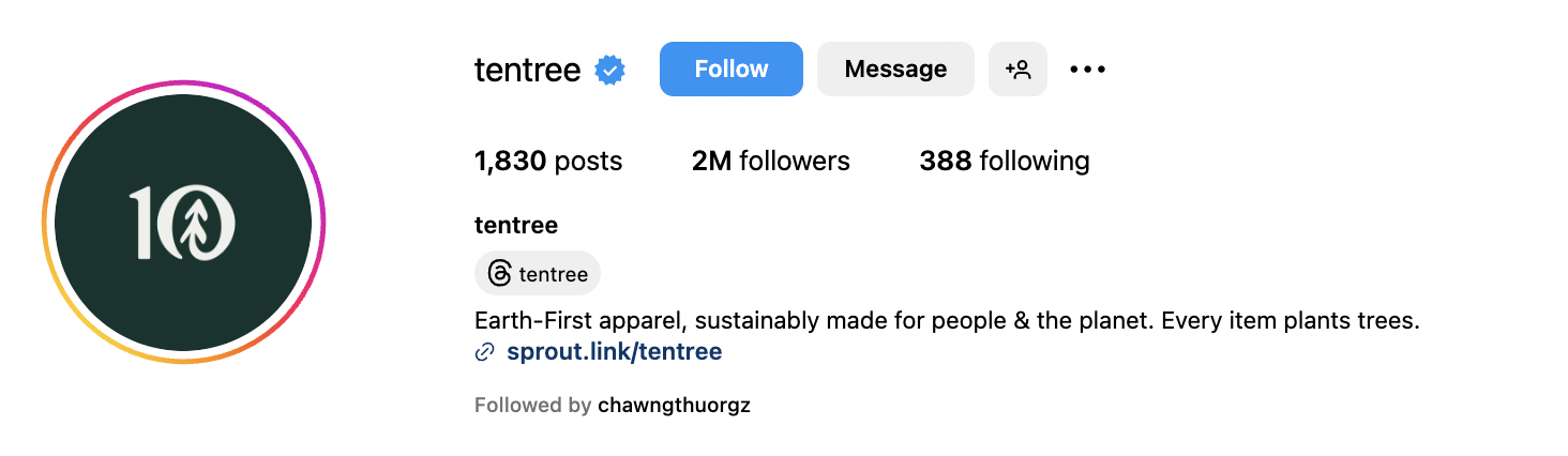 tentree Instagram bio with copy that reads 