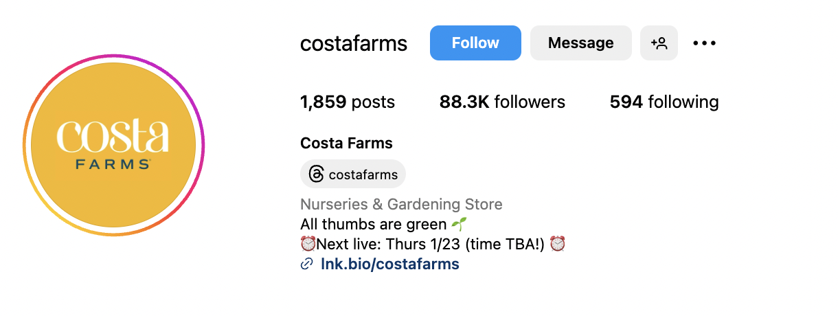 Costa Farms Instagram bio with category tagged as 