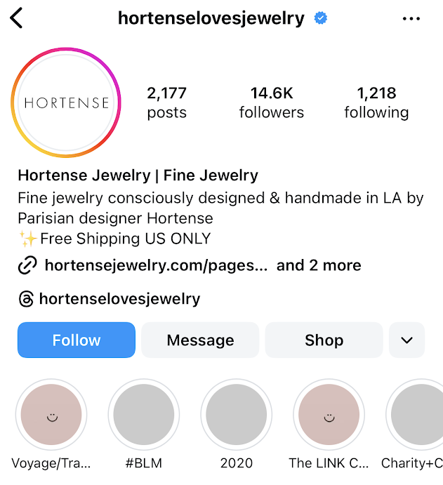 Instagram page for Hortense Jewelry with CTA buttons for 