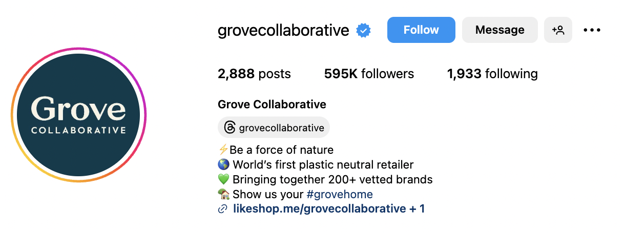 Grove Collaborative Instagram bio that reads 