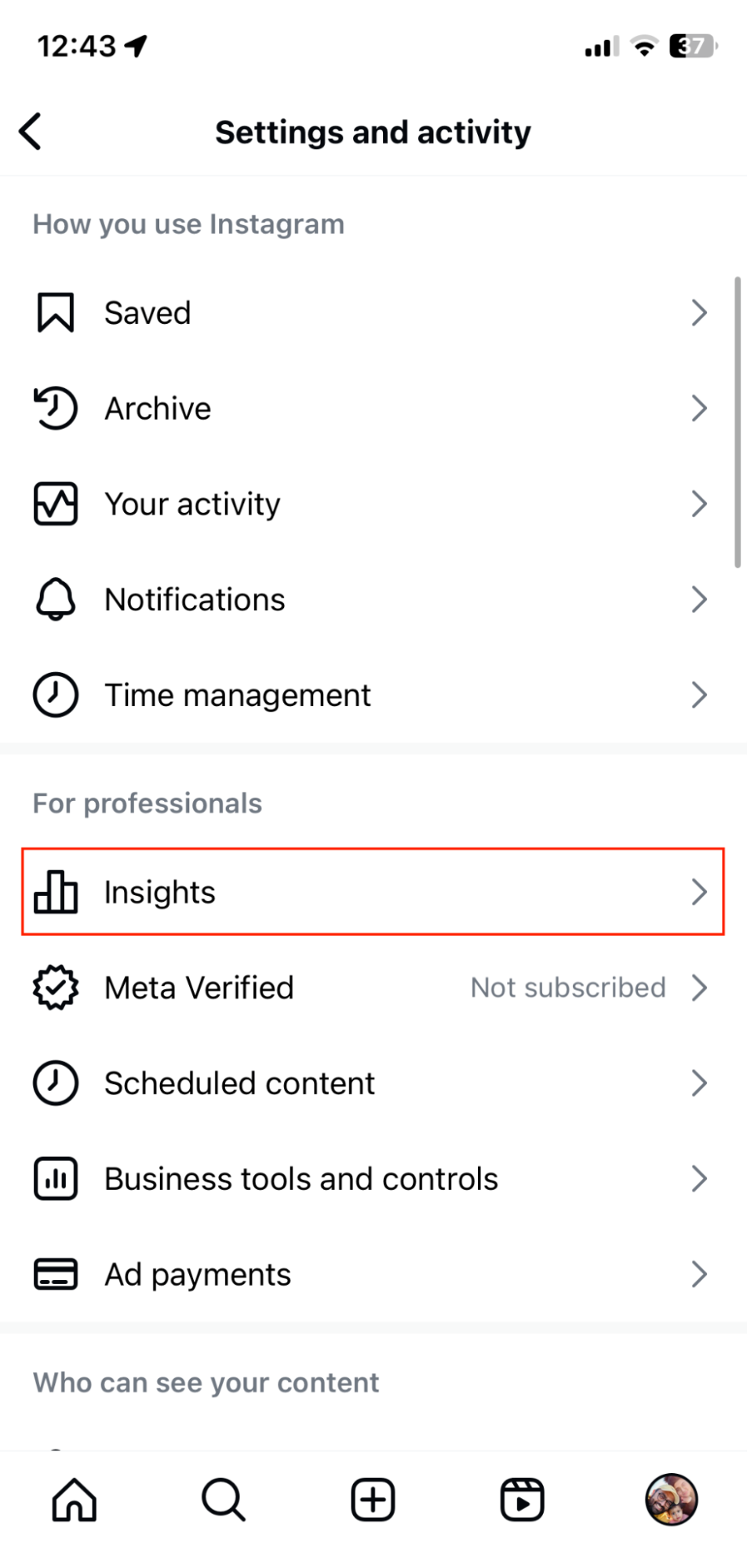 Finding Insights in Instagram's settings and activity menu