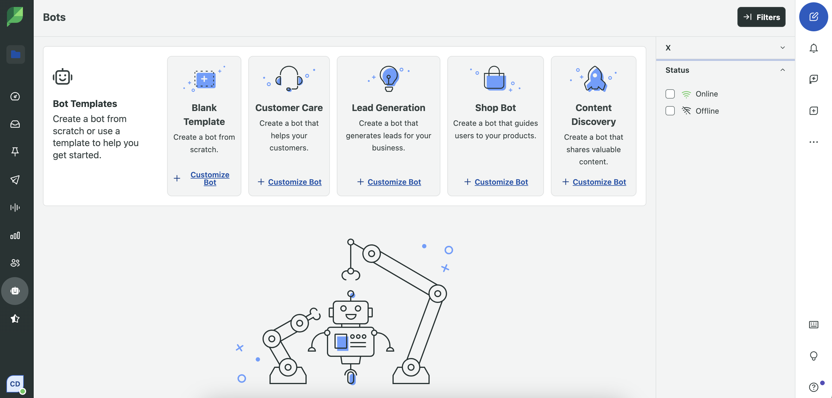 Sprout Social bots page has many bot templates for various purposes such as customer care, lead generation, shopping and content discovery.