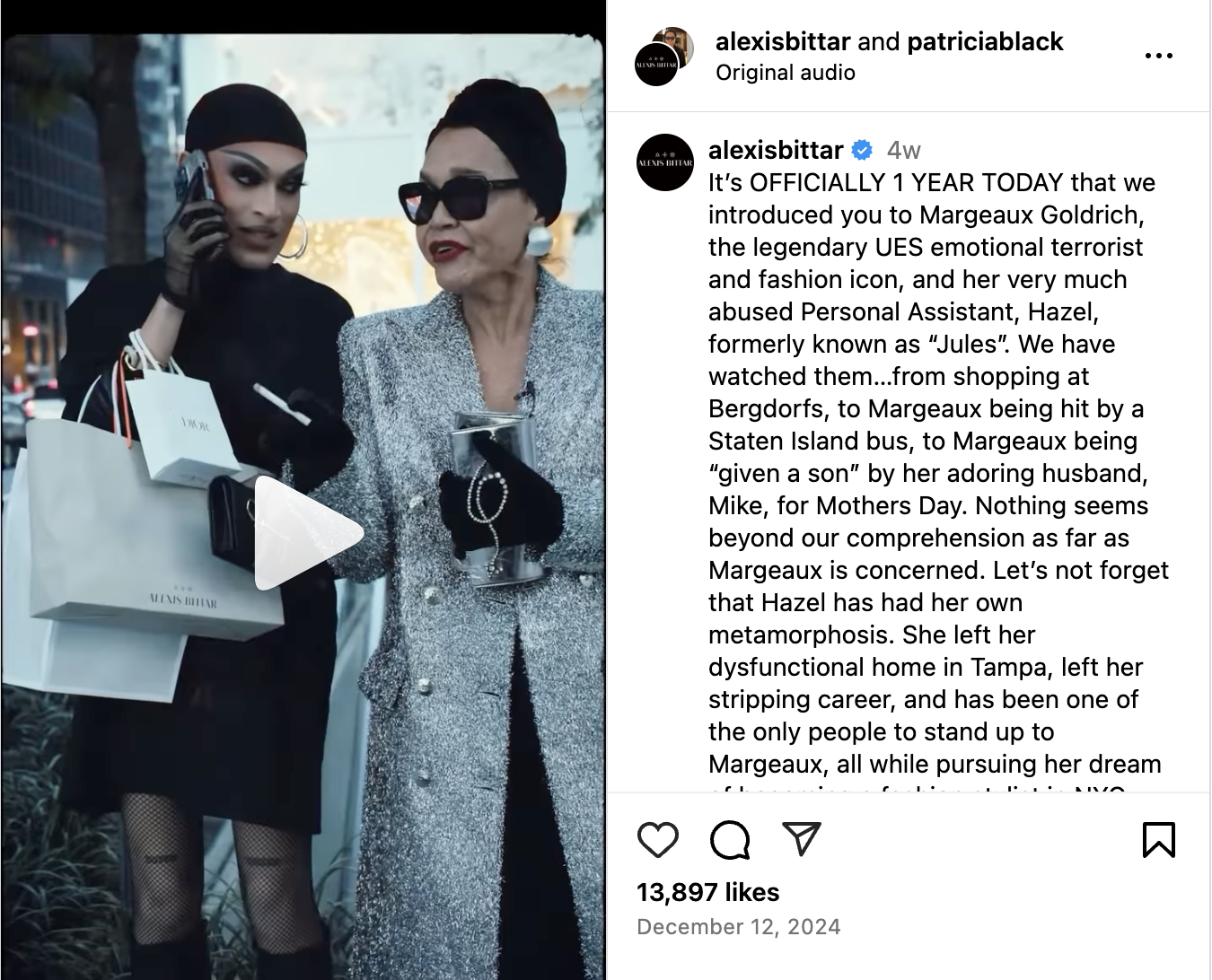 An Instagram Reel from Alexis Bittar commemorating the one-year anniversary of Margeaux and Jules
