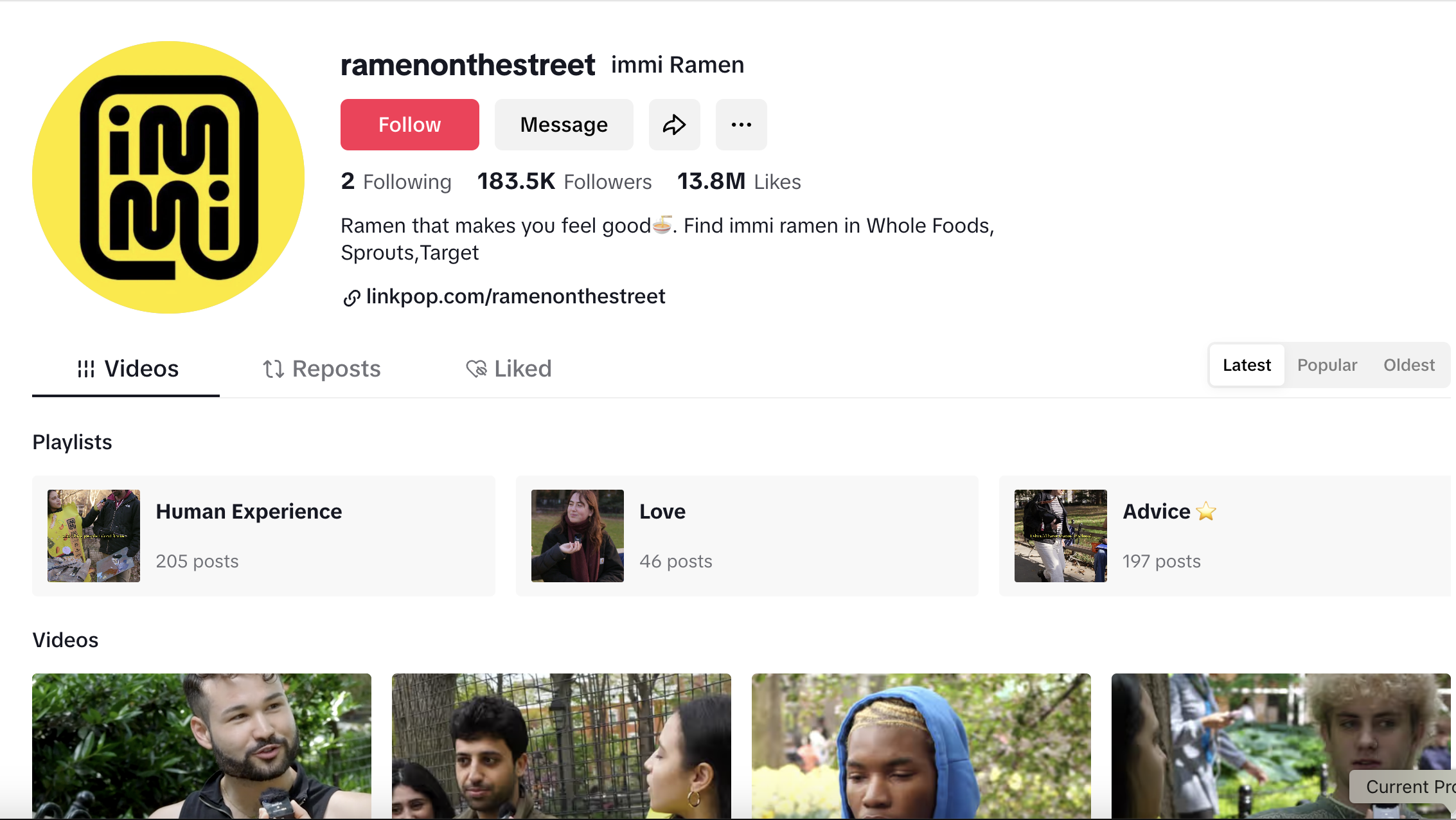 The TikTok page for Immi's Ramen on the Street series