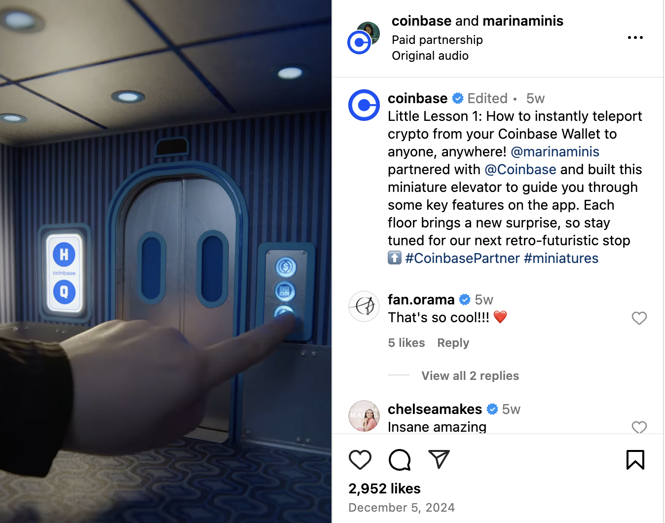A Coinbase Instagram Reel showcasing a person navigating a miniature elevator and the world surrounding it