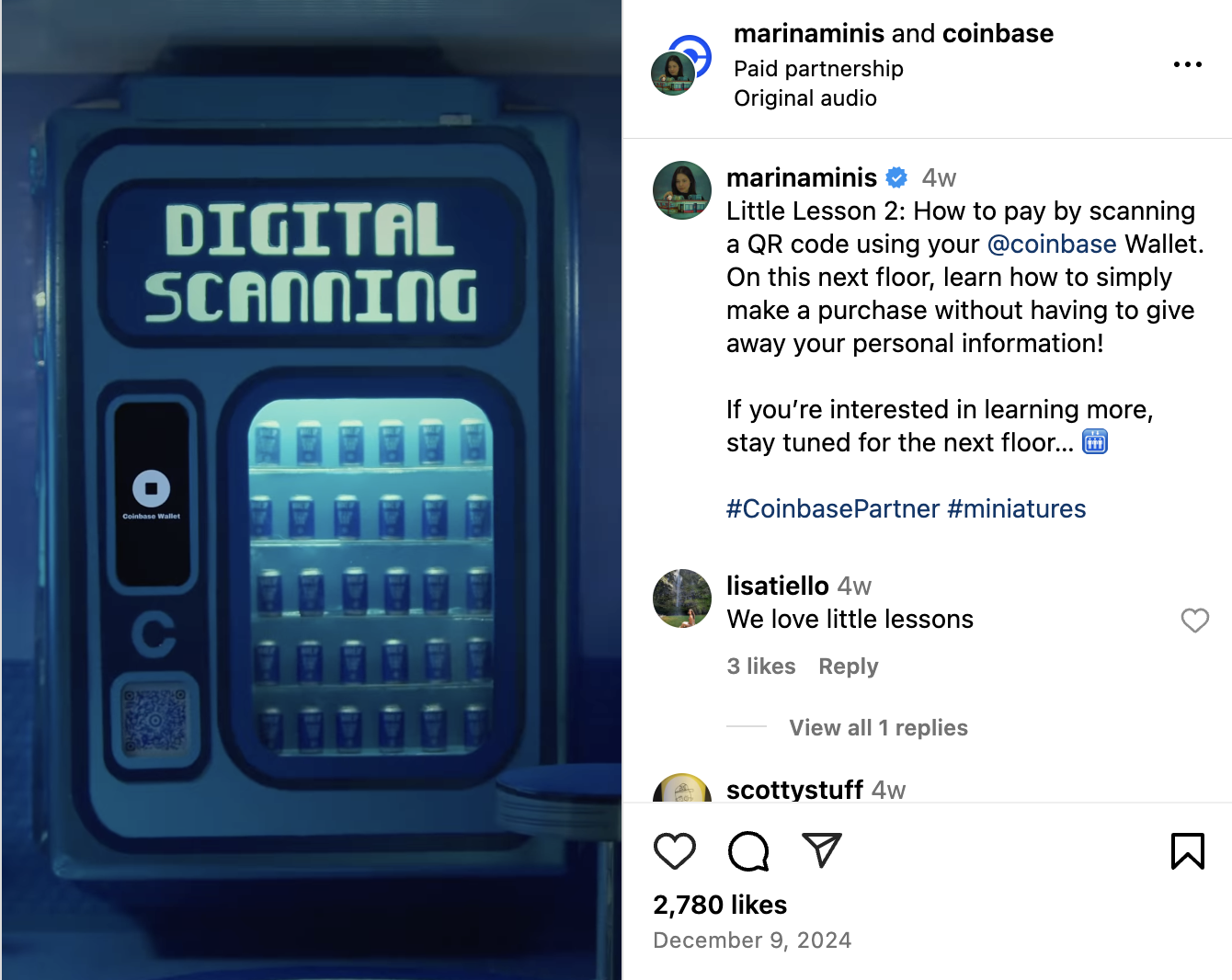 A Coinbase Instagram Reel in the Mini Lessons setting where viewers learn to utilize the Coinbase platform to pay by scanning QR codes