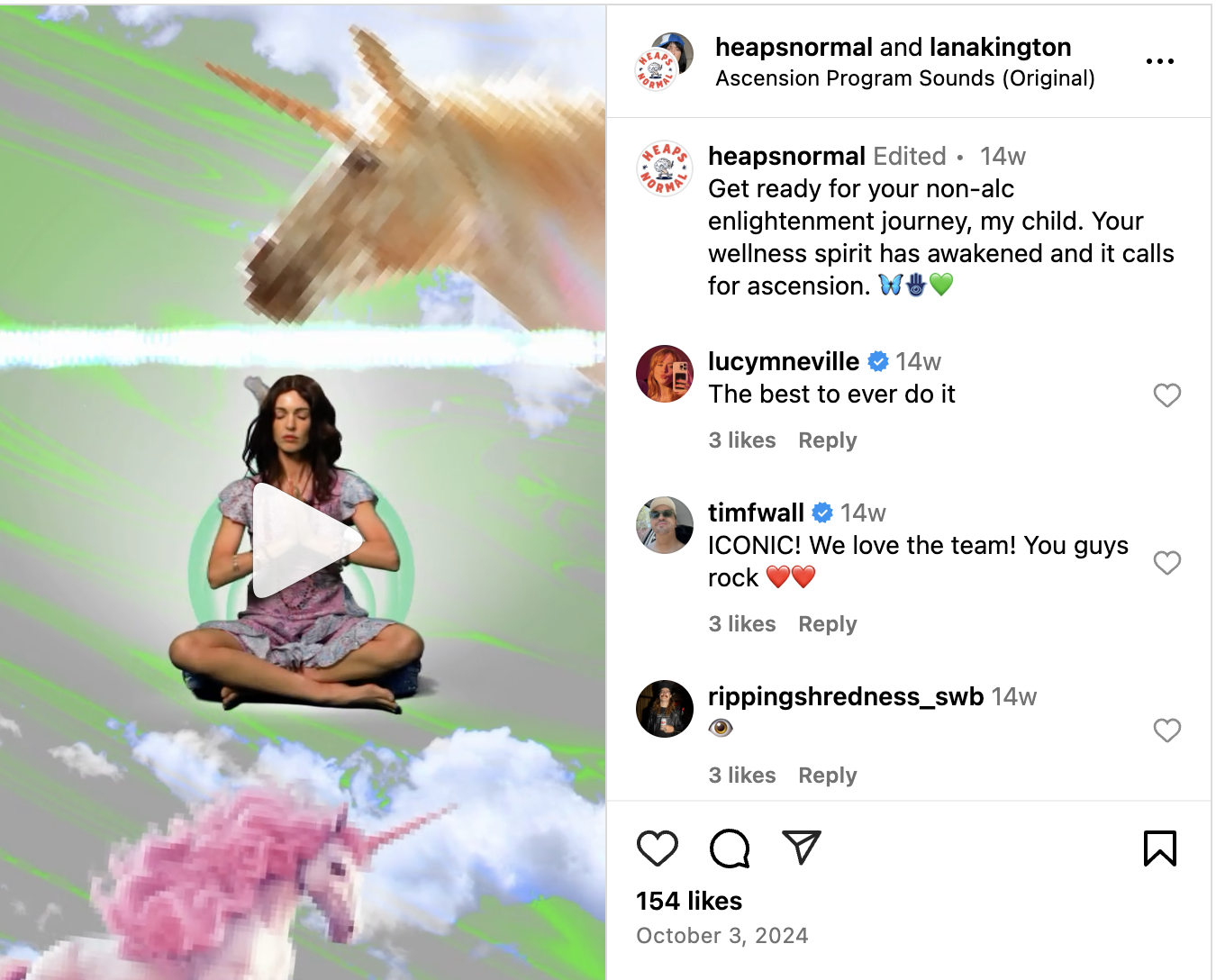 An Instagram Reel from Heaps Normal inviting viewers to embark on a non-alcoholic enlightenment journey with their brand.
