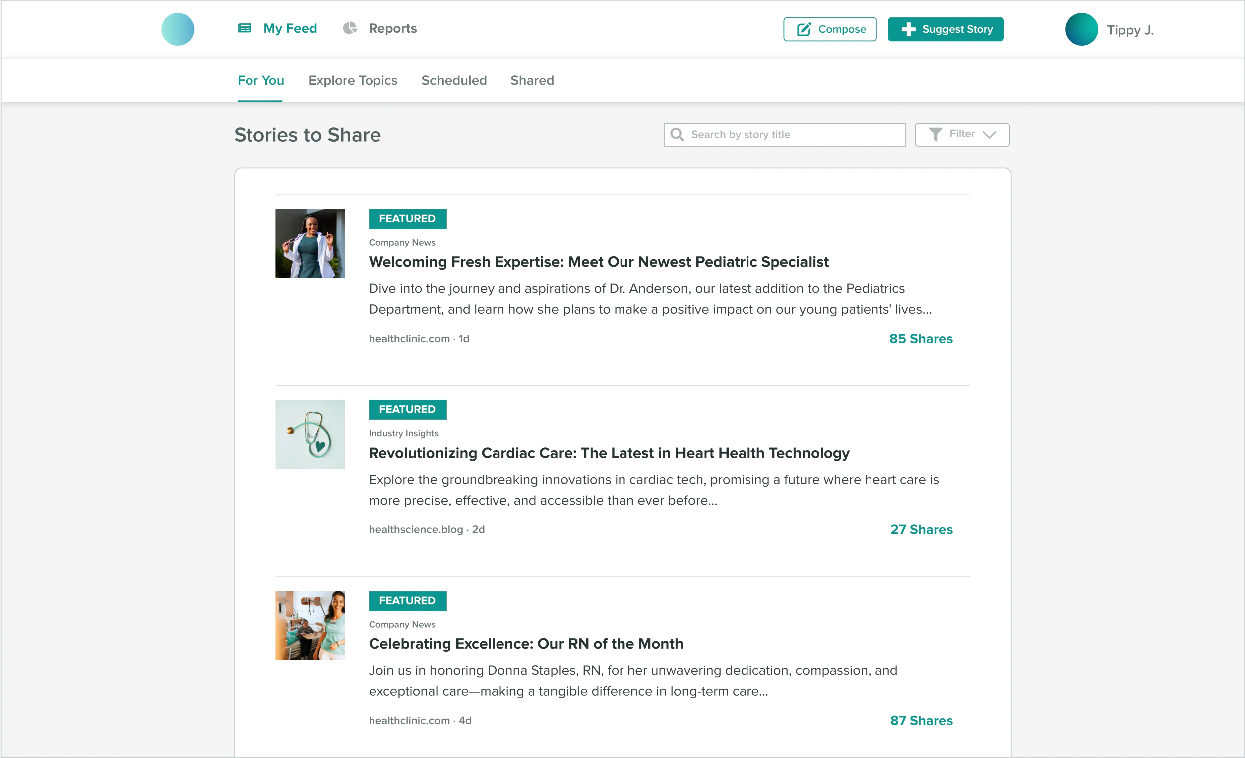 The Employee Advocacy by Sprout Social interface featuring the For You feed with a unified stream of shareable Stories for employees