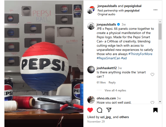 Instagram collaboration post showcasing @pepsiglobal and @jonpaulsballs featuring a ball styled to resemble the Pepsi logo.