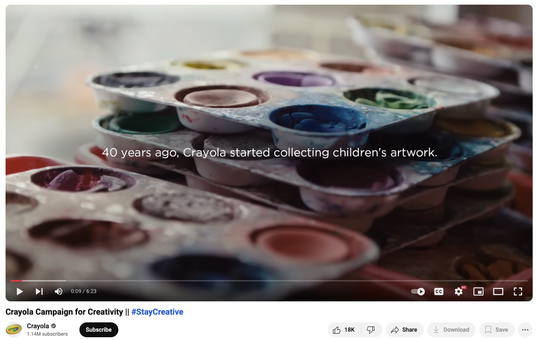 A Crayola YouTube video about their Campaign for Creativity. This video spotlights Crayola following up with artists the brand collected artwork from when the artists were just children 40 years ago.