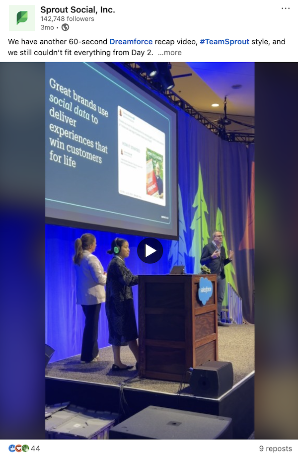Sprout Social LinkedIn post with a brand partnership and tag example.