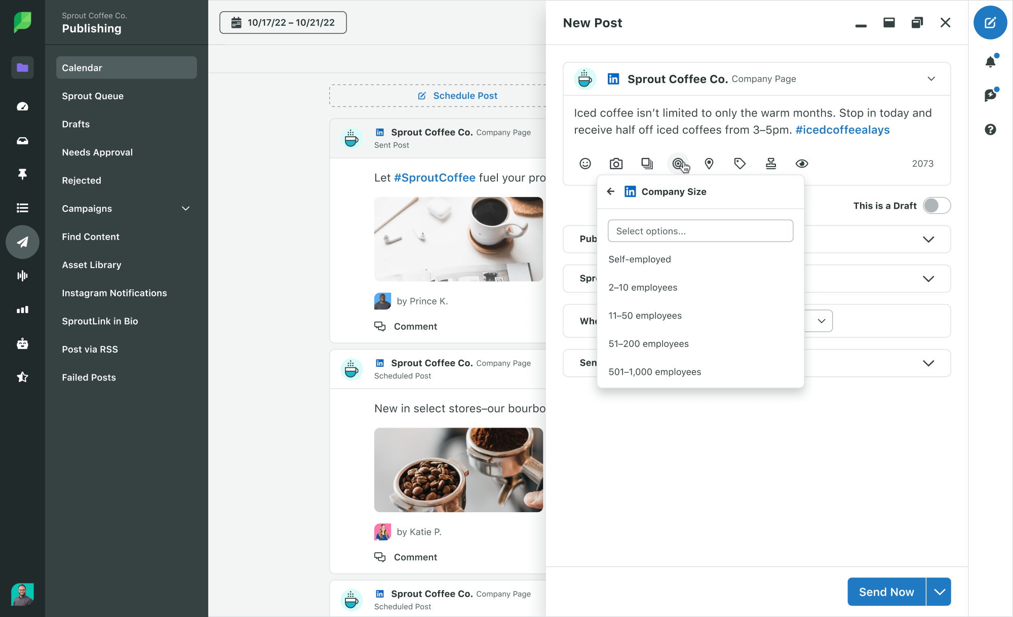 Sprout Social compose box for a LinkedIn post with audience targeting of LinkedIn company size.