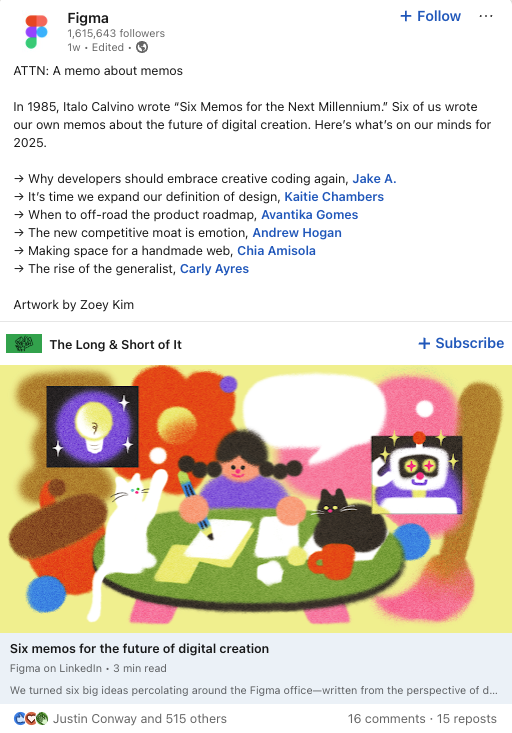 LinkedIn post by Figma with an engaging hook, calling readers' attention with the words: 