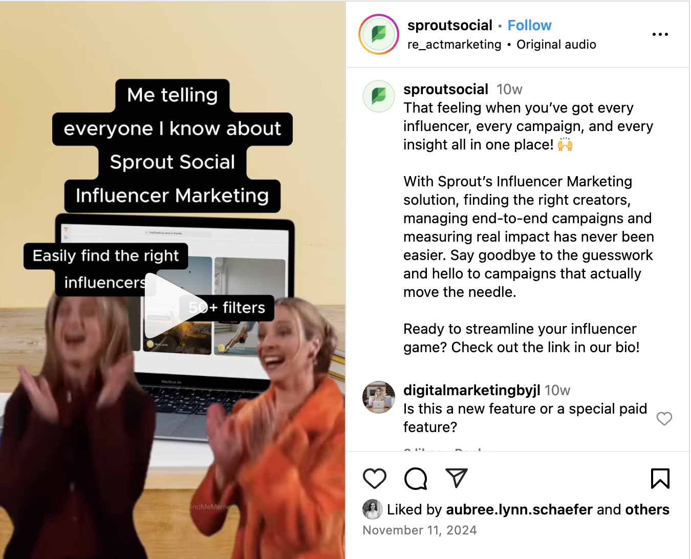 An Instagram post from Sprout Social that utilizes a popular meme from the iconic show