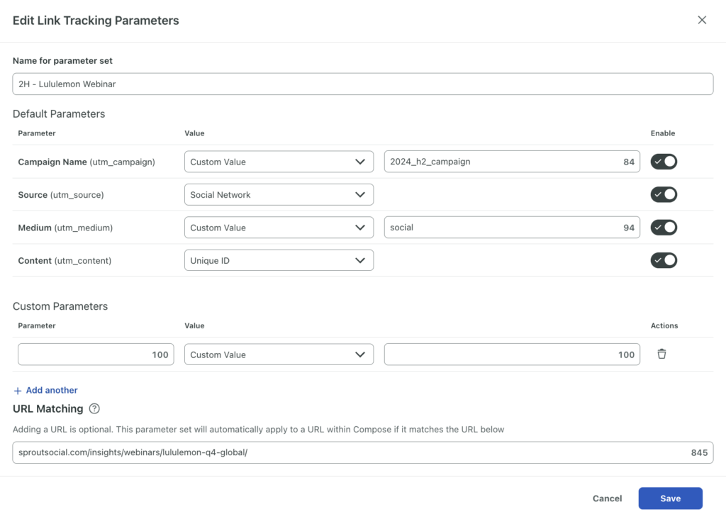 A dashboard within the Sprout platform where you can edit link tracking parameters.