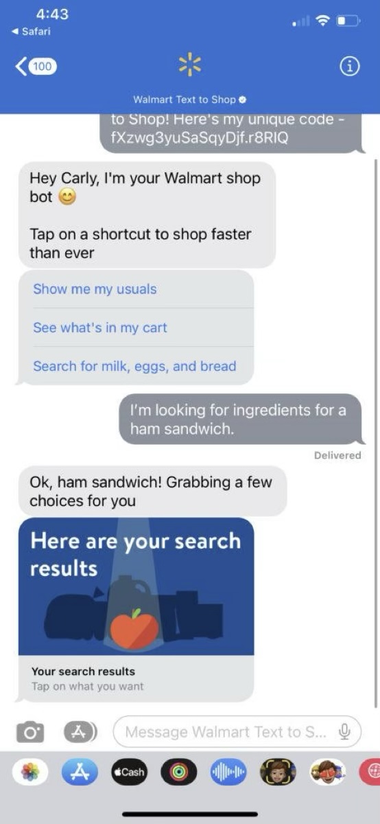 Screenshot of chat with Walmart shopping assistant in action.