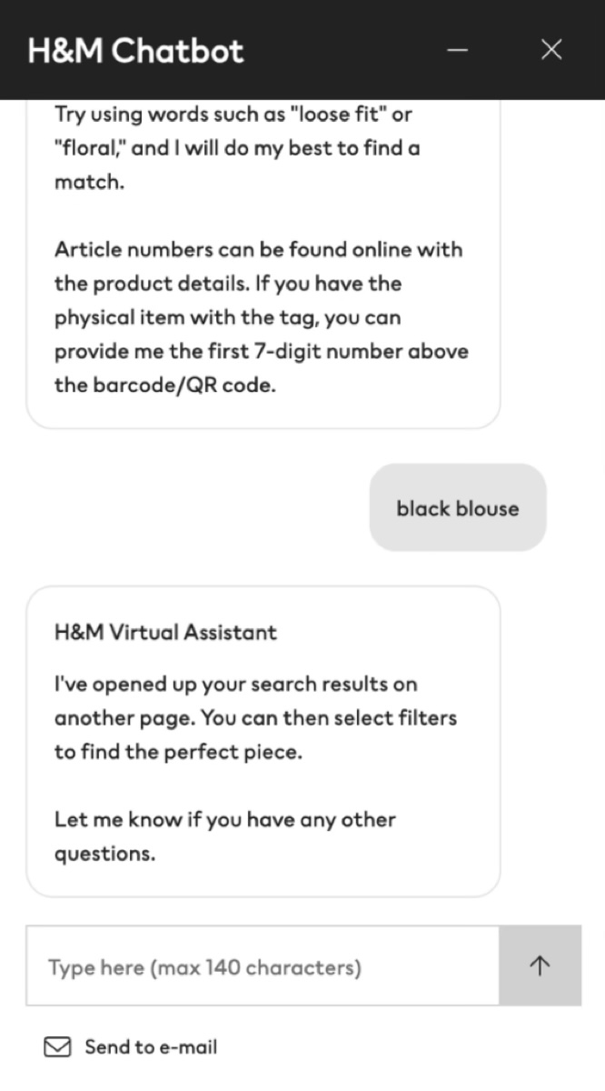 H&M chatbot virtual assistant assisting in finding a black blouse.