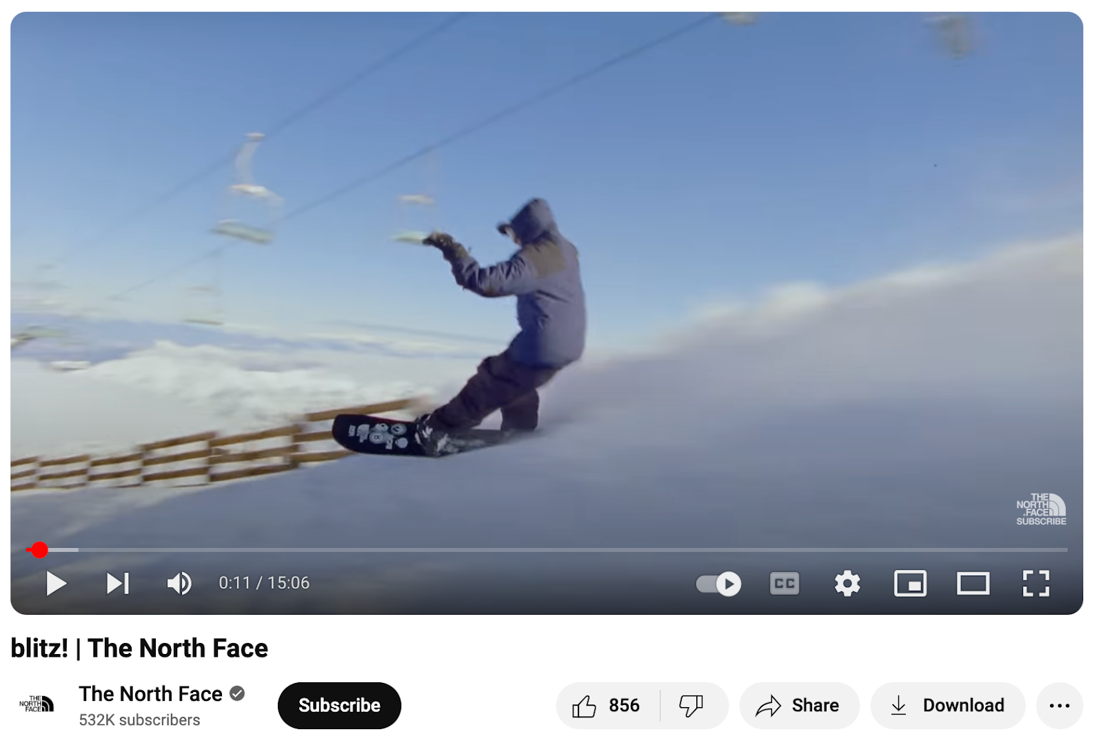 YouTube video from The North Face featuring a snowboarder.